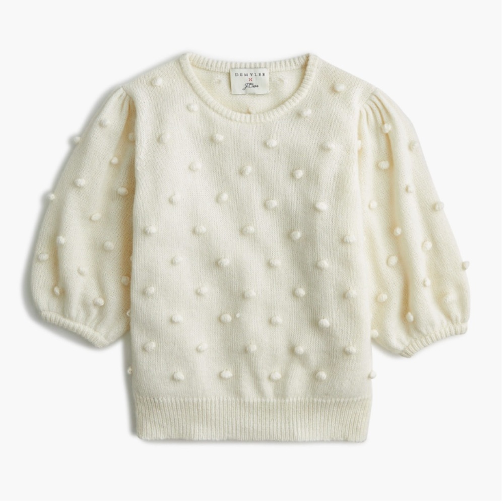 DEMYLEE® X J.Crew puff-sleeve pom-pom sweater in Ivory